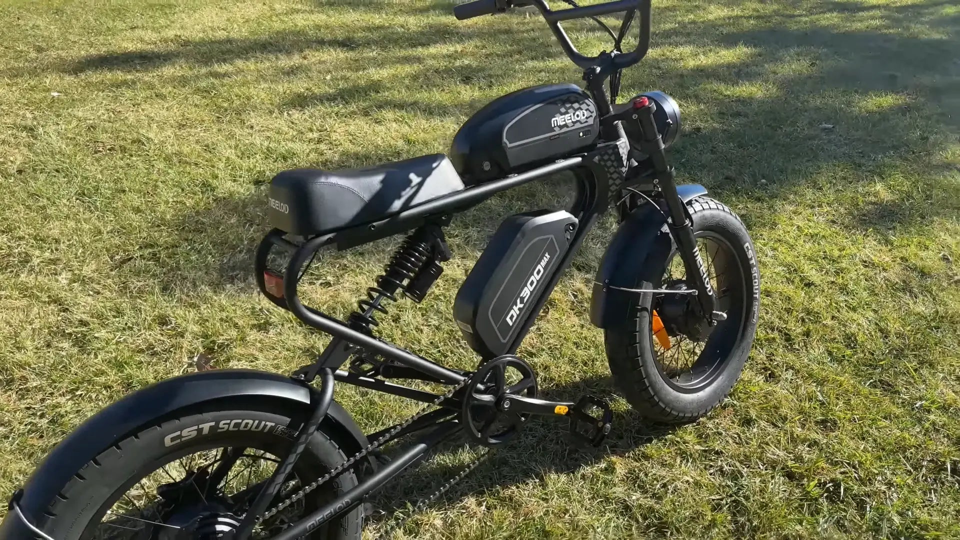 Dual motor e-bike with fat tires for heavy riders on a trail