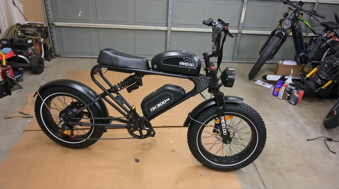 Fat tire ebike secured in an office bike rack