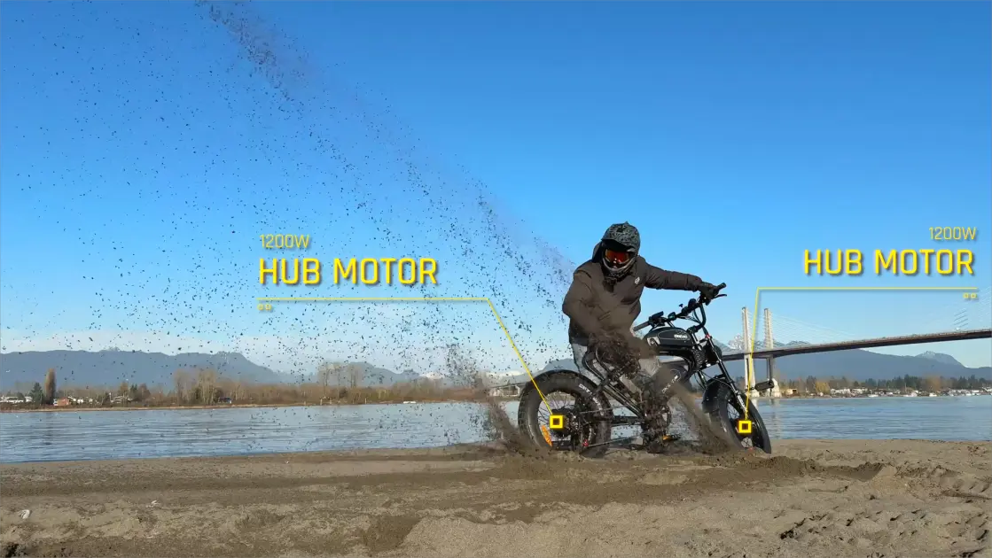 Fat tire ebike with front suspension riding on rough terrain