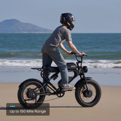 A helmeted man riding a Meelod long-range electric bike along the coast