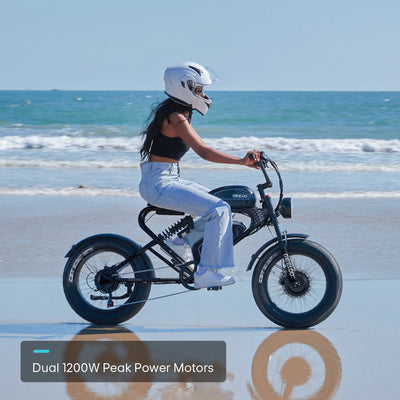 A woman wearing a helmet riding a Meelod long-range electric bike along the coast